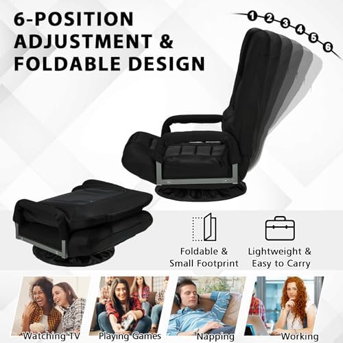 Swivel Gaming Chair Multipurpose Floor Gaming Chair for Gaming, TV, Reading w/6 Adjustable Postion Backrest, Armrest Lumbar Support & for Adults, Black