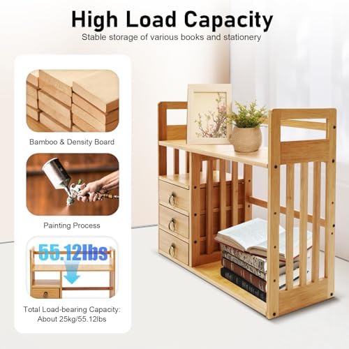 Bamboo Desktop Bookshelf, Organizer Office Desk Storage Display Shelf Rack with 3 Drawers Desk File, Office Counter Top Bookcase for Home School