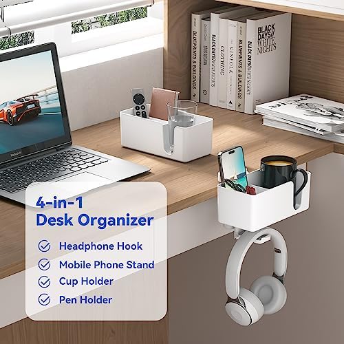 KDD 4-in-1 Desk Organizer - Under Desk Cup Holder and Headphone Hanger with 2 Wire Holes - Rotating Hanger and Detachable Storage for Cup, Phone and Pen (White)