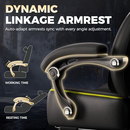 GTPLAYER Big and Tall Gaming Chair for Adults, Ergonomic Office Chair with Footrest, Heavy Duty 350 lbs Capacity, High Back, Premium Leather & Iridescent Trim, ACE-Armor, Black & Yellow Trim