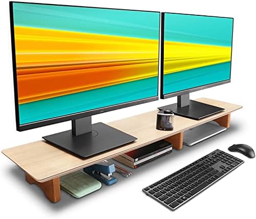 Aothia 43 inch Oak Solid Wood Dual Monitor Stand for Desk, Cork Legs