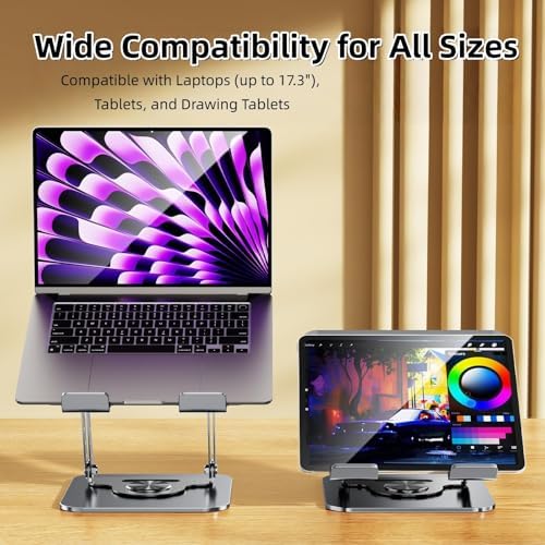 Laptop Stand for Desk, 360° Rotating Adjustable Metal Foldable Laptop Riser with Minimalist Vent Pattern, Ergonomic Computer Notebook Holder for MacBook, Dell, HP 10-17.3", Gray