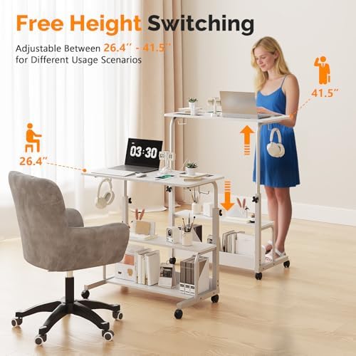FCH 31.5" Mobile Small Standing Desk, Adjustable Height Mobile Computer Desk, w/2 AC Outlets + 3 USB Ports & Hooks, Storage Shelves, Suitable for Gaming, Studying, Home Office, White
