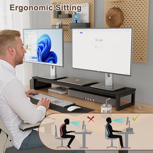 LAND·VOI Dual Monitor Stand Riser,41.5'' Long Monitor Stand for 2 Monitors, Wood and Steel Computer Monitor Stand, Desktop Oraganizer with Pen Holder, Monitor Riser for Desk Computer,Laptop,TV, Black
