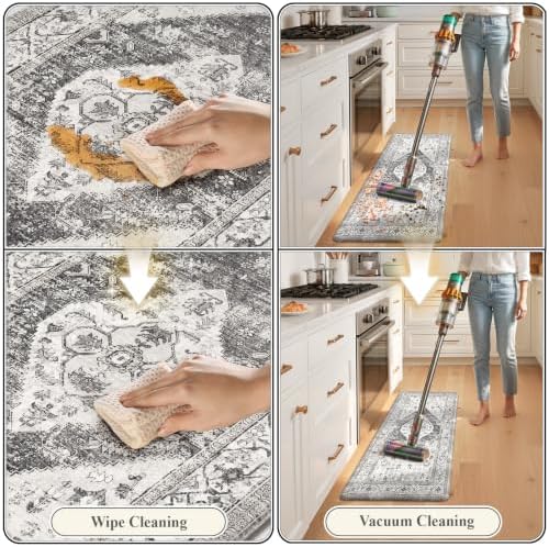 KIMODE Kitchen Mats Cushioned Anti Fatigue, Boho Vintage Kitchen Rugs Grey