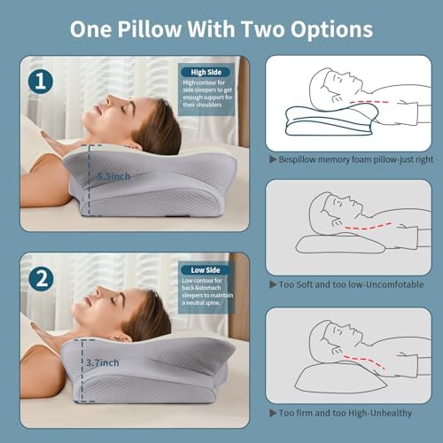 Cervical Neck Pillow for Pain Relief - Ergonomic Pillow Side Sleeper Pillow for Sleeping, Orthopedic Bed Pillow Neck Support Pillow, Contour Memory Foam Pillows for Side Back Stomach Sleepers (Grey)