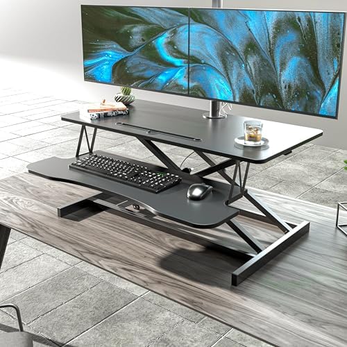 AQQHSAIN Standing Desk Converter 36 Inch Wide Sit to Stand Converter Desk Height Adjustable Riser with Keyboard Tray Laptop and Dual Monitor Desktop Workstation Riser for Home Office Computer