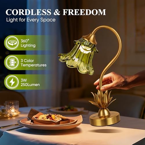 PARTPHONER Cordless Flower Table Lamp with Glass Lampshade, 5200mAh Rechargeable Battery, 3-Color Dimmable Touch Control, Portable Desk Lamp for Nightstand, Patio, Camping, Restaurant & Home, Green