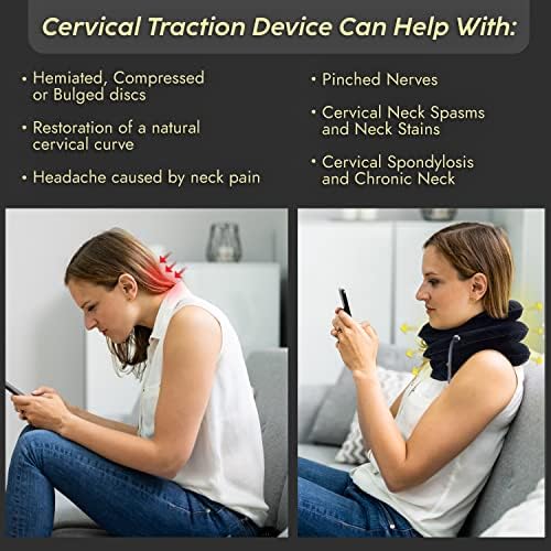 Cervical Neck Traction Device & Posture Corrector for Women and Men, Inflatable Neck Stretcher Brace for Decompression, Adjustable Upper Back Brace & Elastic Support (Carbon Black)