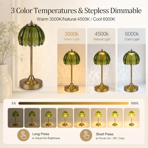 Rechargeable Cordless Table Lamp, 3 Color Temps & Stepless Dimming