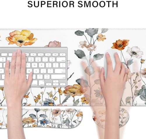 Desk Pad and Keyboard Wrist Rest, Large Mouse Pad + Keyboard Pad+Mouse Wrist Support, Non-Slip Desk Mat Protector for Office, Home 31.5×11.8 Inches Cute Floral