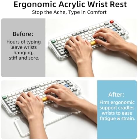 Translucent Acrylic Wrist Rest Compatible with NuPhy Air65 Air75 65% 75% Low Profile Mechanical Keyboard, Ergonomic Palm Pad with Anti Slip Silicone Base, Diffuses Keyboard RGB Light
