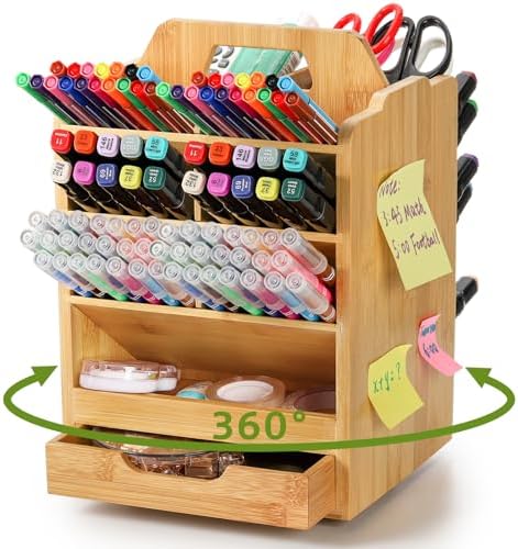 SOUJOY Bamboo Pen Holder Organizer, 360°Rotating Art Supply Storage Caddy, Hold 400+ Pencils, 15 compartments Office Desk Stand Box with Handle for Marker Pens, Colored Pencil, Art Brushes