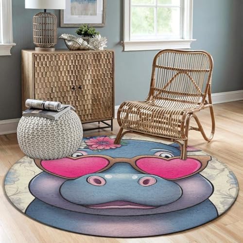 Large Machine Washable Circular Rugs, Home Decor Round Mat for Living Room Sofa Office Hippo with Heart Glasses