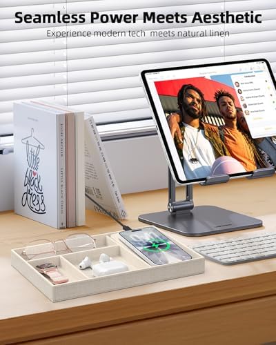 Valet Tray with Wireless Charger, Nightstand Organizer & Catchall Tray for Phone, Keys, Glasses and Accessories, Premium Linen, Stylish Desk & Bedside Storage Station