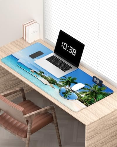 Auhoahsil Large Mouse Pad with Wrist Rests for Keyboard & Mouse, Thick Soft Ergonomic Memory Foam Wrist Supports, Big & Long Desk Mat 35.5 x 15.7 in, for Office Gaming Computer, Beach and Trees