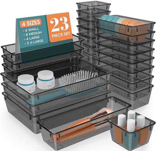 23 PCS Plastic Drawer Organizers Set, 4 Size Desk Drawer Organizer Trays