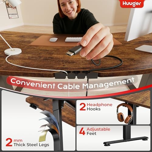 Huuger 47 X 24 Inch Electric Standing Desk with Power Outlets and USB-C Port, Height Adjustable Desk, Sit Stand Desk for Home Office, Computer & Gaming Desk, Stable Steel Frame, Rustic Brown