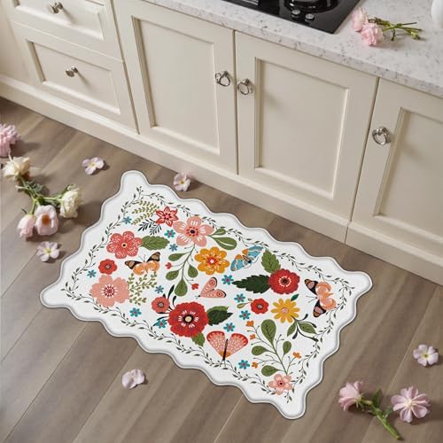 Arenarug Scalloped Kitchen Mats for Floor Cushioned Anti Fatigue Kitchen Mats Rugs Waterproof Non Slip Farmhouse Boho Floral Comfort Foam Standing Mat for Sink Laundry, White, 17.3x30