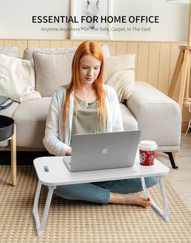 ZEAPTAC Laptop Bed Desk, Foldable Lap Desk, Portable Lap Table, Laptop Stand with Cup Holder, Tablet Slot & Lifting Handle for Work, Write, Draw & Eat on Bed, Sofa or Couch - White