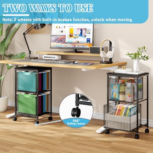 Sbanmao Rolling File Cart with 2 Storage Drawers, Mobile File Cabinet with Wheels, Hanging File Folder Organizer, Under Desk Storage, Printer Stand Utility Cart Filing Cabinet for Home Office,Black