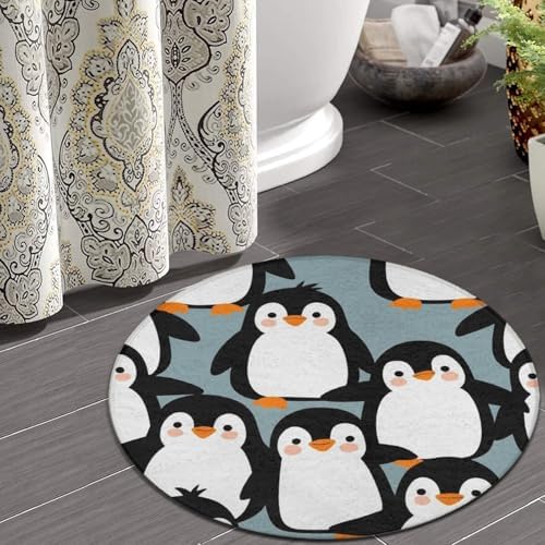 Women's Large Home Decor Mat, Soft Round Yoga Carpet, Non Slip Machine Washable Home Office Circle Rug Cute Penguins
