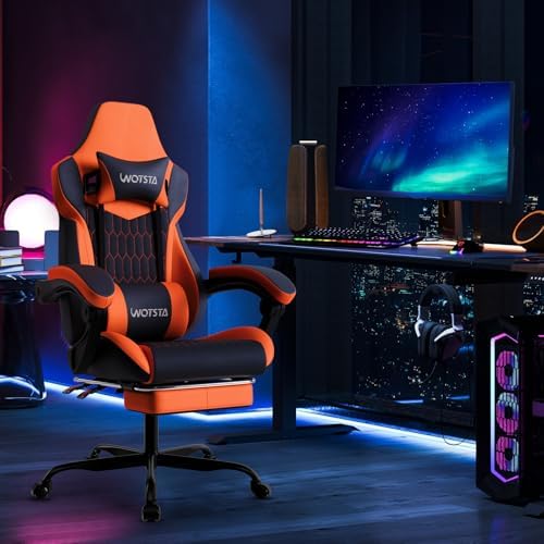 Gaming Chair with Footrest, High Back Gaming Chairs PVC Leather Ergonomic Gamer Chair with Adjustable Headrest Lumbar Support Racing Style Video Gaming Chair for Office/Home (Black Orange)