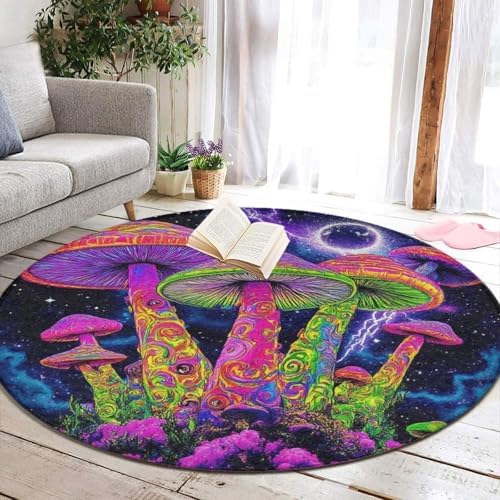 Machine Washable Modern Round Area Rug, Room Sofa Yoga Soft Round Carpet, Home Decor Non Slip Kitchen Office Circle Rug Magic Mushrooms Trippy Galaxy Space Art, 36inch
