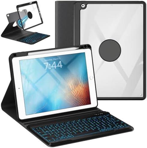 Keyboard Case for iPad 9.7 6th 2018/5th gen 2017/ Air 2-7 Color Backlit Detachable Wireless Keyboard - 360° Rotatable Magnetic Detachable Slim Folio Cover with Pencil Holder (Black)