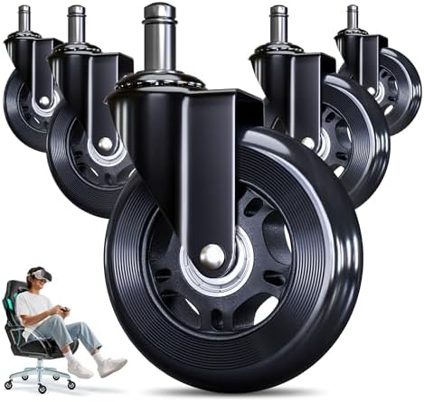 Office Chair Wheels Replacement - 3″ Heavy Duty Caster Wheels for Gaming & Work, Smooth Rolling, Safe for Hard Floors and Low Carpets, Universal Fit (Set of 5, Black)