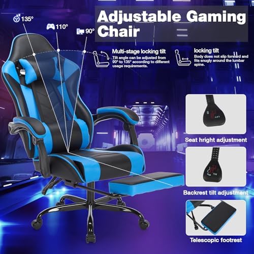 Blue Ergonomic Gaming Chair for Adults with Footrest and Massage