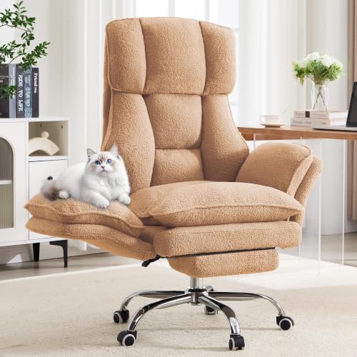 Big and Tall Office Chair with Flip Arms and Footrest, Teddy Criss Cross Legged Home Office Desk Chair with Pet Seat, Comfy Reclining Computer Gaming Chair, Khaki