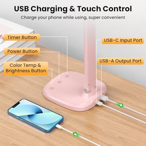 Desk Lamp with Charger, 10%-100% Stepless Dimmable & 5 Color Modes Study Lamp, Touch Control, 30-/60-minute Timer, USB Charging Output Port, CRI≥90, Eye-Caring Foldable LED Desk Lamps for Home Office