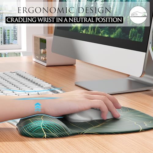 MROCO Ergonomic Mouse Pad with Gel Wrist Rest, 9.4 x 8.1 in, Green Leaves