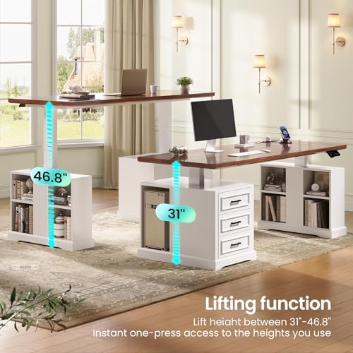 SEDETA 63" Farmhouse Electric Standing Desk with 3 Drawers, Storage Shelves