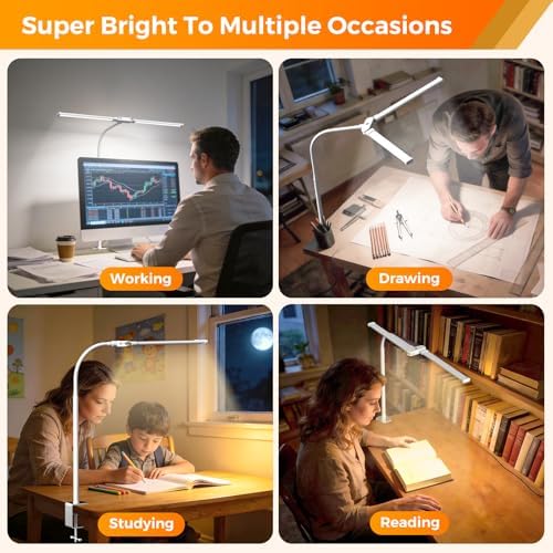 SKYLEO LED Desk Lamp with Clamp - Double Head Desk Light with Remote and Touch - Eye Protection - 12 W, 5 Color Modes, Timer and Memory Function, Flexible Gooseneck - for Office, Reading - White