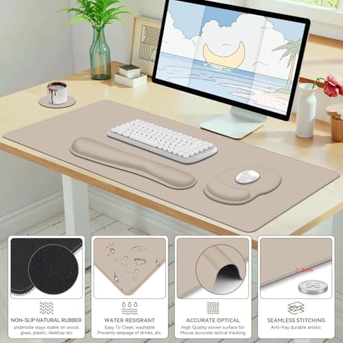 4 PCS Mouse Pad Desk Mat Protector, Keyboard Wrist Rest + Comfortable Mouse Pad Wrist Rest +Coaster, Large Gaming Mousepad for Computer Laptop, 35.4"X 15.7" Deskpad for Office Home I Apricot