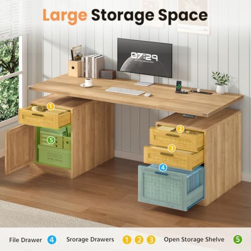 60" Rattan Electric Standing Desk with Drawers for Home Office, Oak