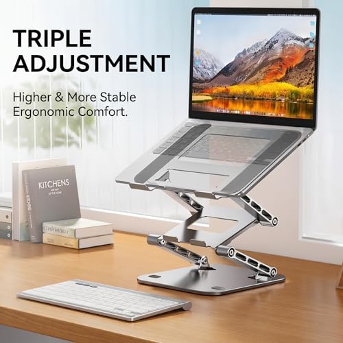 3-Tier Height-Adjustable Laptop Stand, All-Metal Dual-Bar Anti-Slip Heat-Dissipating Notebook Stand for MacBook Pro/Air (10-17"), Tablet, Gaming, Office, Home, Drawing - Gray