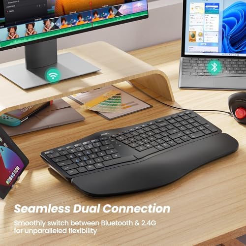 Nulea Wireless Ergonomic Keyboard, Split Keyboard with Cushioned Wrist Rest, Bluetooth and USB Connectivity, USB-C Rechargeable, Compatible with Windows Mac(Black)