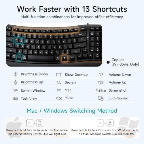 SANWA Wired Ergonomic Keyboard, Curved Wave Keyboard with Cushioned Wrist Rest, Compact Full-Size Layout, USB-A & C Port, 13 Shortcuts Keys, Natural Typing, Compatible with Win/Mac, Laptop, PC, Black