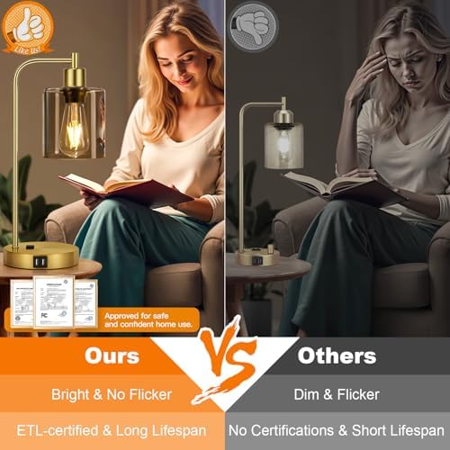 Set of 2 Industrial Touch Control Table Lamps with 2 USB Ports and AC Outlet - 3-Way Dimmable Gold Bedside Lamp Nightstand Desk Lamps for Bedroom Living Room, Amber Glass Shade & 2 LED Bulbs Included