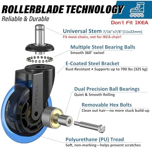 WEWILL Office Chair Wheels - Rubber Casters Replacement Universal Fit 98% Chair(Set of 5) Heavy Duty 3 Inch Smoothly & Quietly Safe for All Floor, Hardwood, Tile, Carpet, Noise Free - Blue