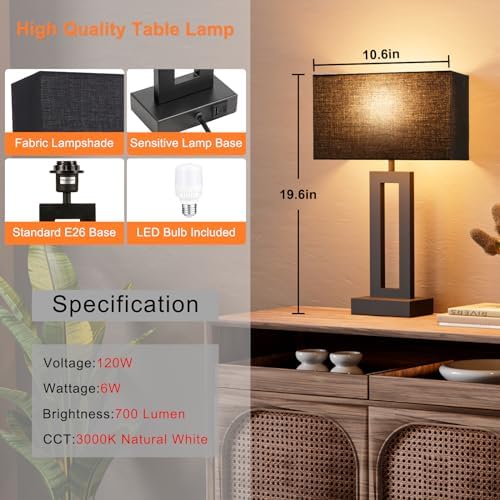 Seealle Nightstand Table Lamps for Bedrooms Set of 2 - Touch Bedside Lamp with USB C+A, 3 Way Dimmable Living Room End Tables 2, Modern Night Stand Bed Side Guest Room(Black) E. Black