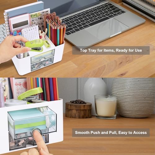 Meiikun Plastic Pen Organizer, Multifunctional Desk Organizer with 2 Drawers, 4 Compartments & a Top Tray, Pencil Holder Desktop Organizers and Accessories for Office, 7.7" x 5.5" x 3.9" (White)