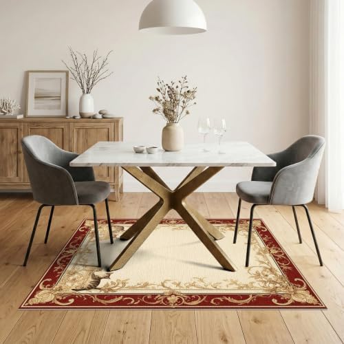 5'x7' Ivory Cat Crimson Motif with Swirls Washable Area Rug