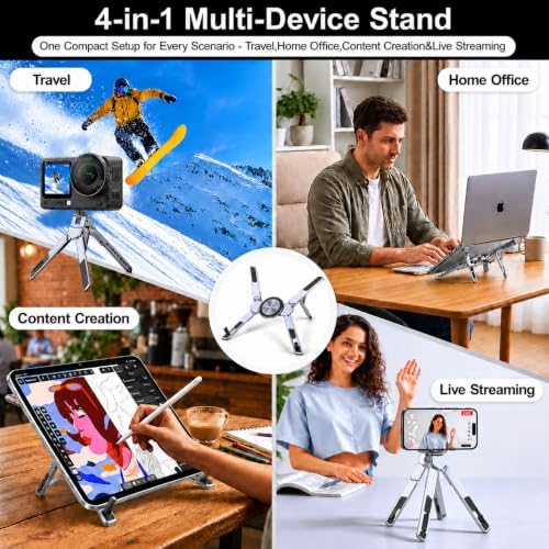 4-in-1 Adjustable Laptop Stand for desk with Magnetic Phone Holder & Camera Tripod, Foldable Aluminum Stand for Laptop, Tablet, Camera, Portable Ergonomic Desk Setup for Travel & Remote Work(Gun Gray)