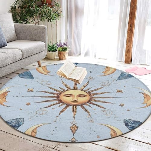 Room Sofa Yoga Soft Round Carpet, Home Decor Non Slip Kitchen Office Circle Rug, Machine Washable Modern Round Area Rug Sun and Moon Clock, 60inch