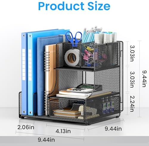 Lavatino Desk Organizer – 4-in-1 Black Mesh Office Supplies Organizer with Pen Holder, File Holder, Desktop Tray, and Drawer for Home, Office, Classroom