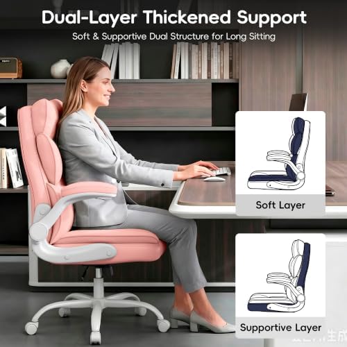 Vonesse Office Chair, Desk Chair with Flip-up Armrests, Gaming Chair with Double-Layered Soft Backrest,PU Leather Computer Executive Chair with Breathable Seat Cushion (Pink)